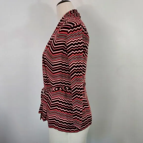 Anne Klein Chevron Cardigan Sweater size Small Open Front Tie Belt Red Black - Picture 4 of 11